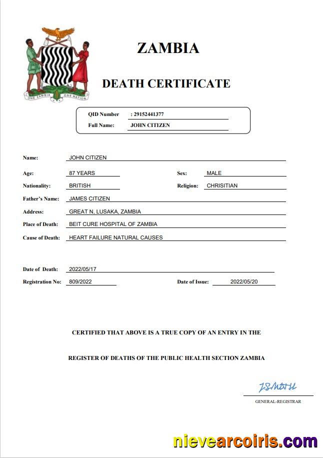 Zambia vital record death certificate